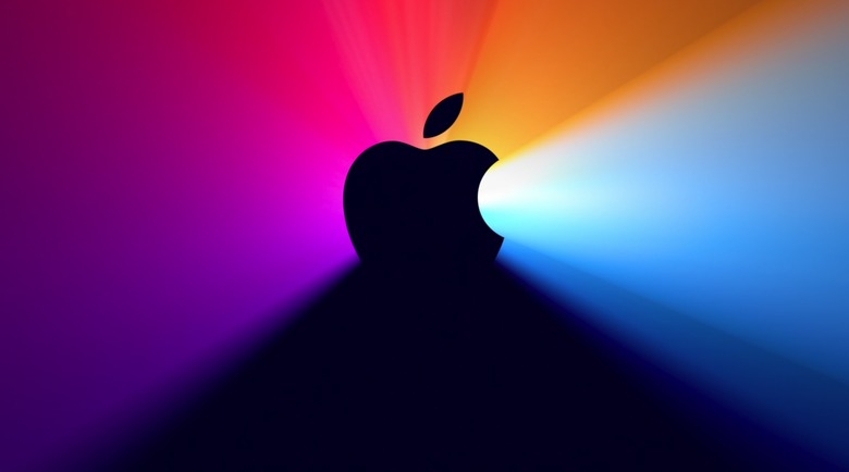 The Apple logo in black with an array of colors behind it