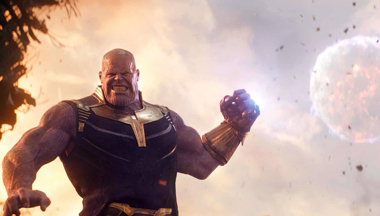 Screenshot from Avengers: Infinity War: Thanos using the Infinity Gauntlet.