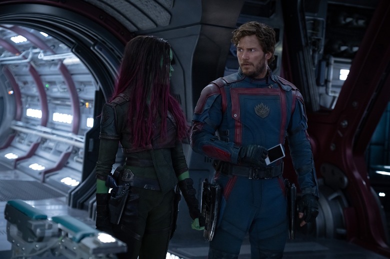 Zoe Saldana as Gamora and Chris Pratt as Peter Quill/Star-Lord in Marvel Studios' Guardians of the Galaxy Vol. 3.