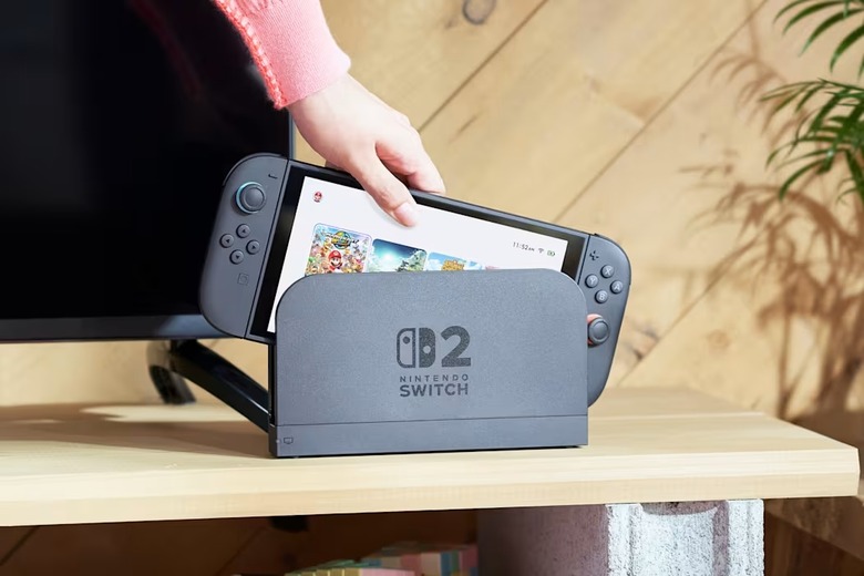 Nintendo Switch 2 being placed in its dock.