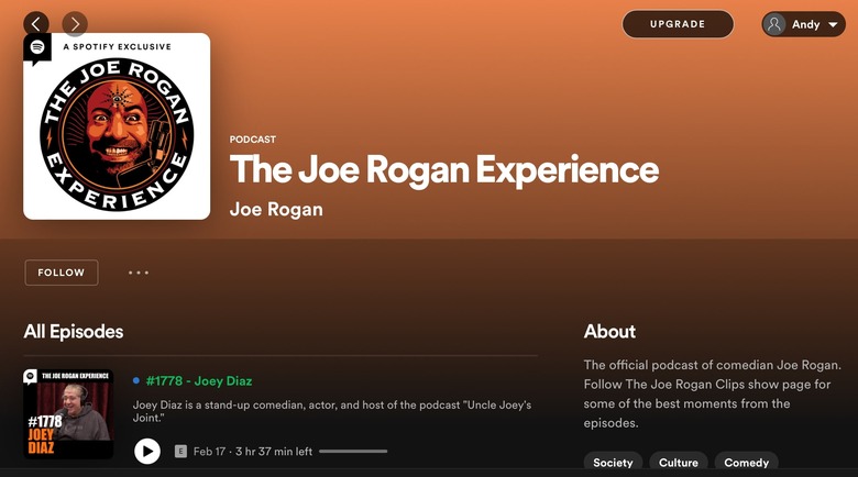A screenshot of the Joe Rogan podcast on Spotify