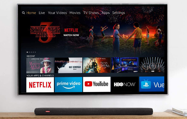 A 4K TV watching Netflix with Anker's Nebula soundbar, which has a built-in Fire TV Stick 4K