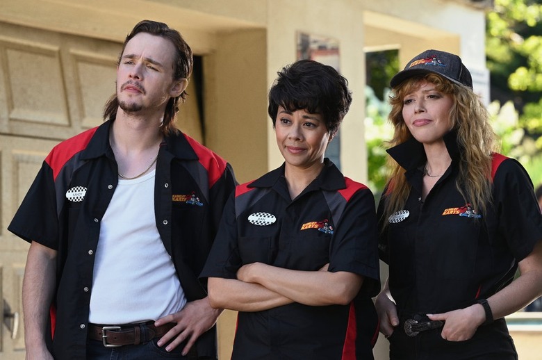 Jack Alcott as Randy, Angel Desai as Jean, Natasha Lyonne as Charlie Cale in Poker Face.