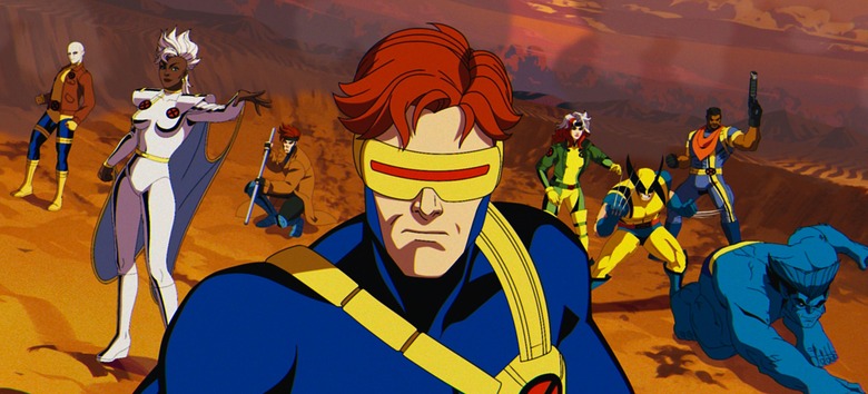 (L-R): Morph (voiced by JP Karliak), Storm (voiced by Alison Sealy-Smith), Gambit (voiced by AJ LoCascio), Cyclops (voiced by Ray Chase), Rogue (voiced by Lenore Zann), Wolverine (voiced by Cal Dodd), Bishop (voiced by Isaac Robinson-Smith), Beast (voiced by George Buza) in Marvel Animation's X-MEN '97.