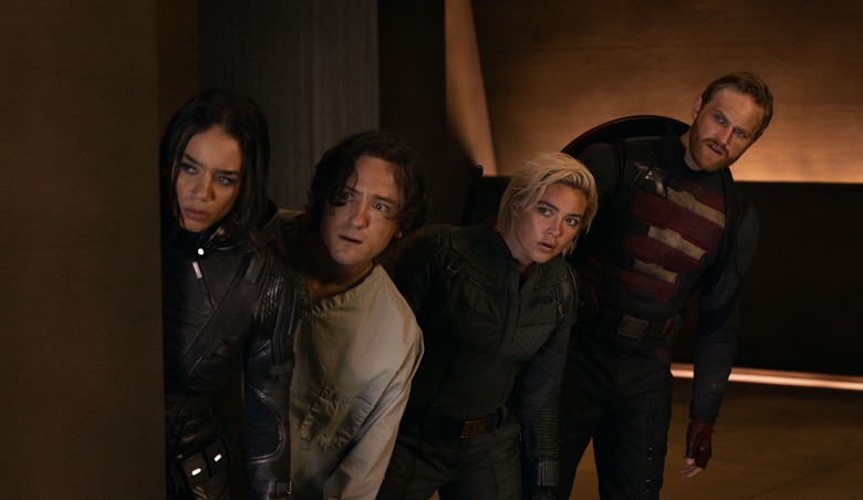 (L-R) Ghost (Hannah John-Kamen), Bob (Lewis Pullman), Yelena Belova (Florence Pugh) and John Walker (Wyatt Russell) in The New Avengers.