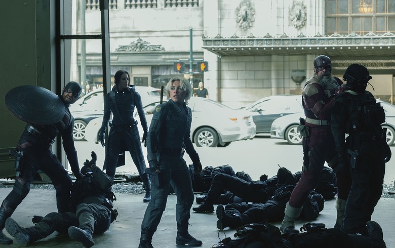 John Walker (Wyatt Russell), Ghost (Hannah John-Kamen), Yelena Belova (Florence Pugh) and Alexei Shostakov/Red Guardian (David Harbour) in Thunderbolts*.