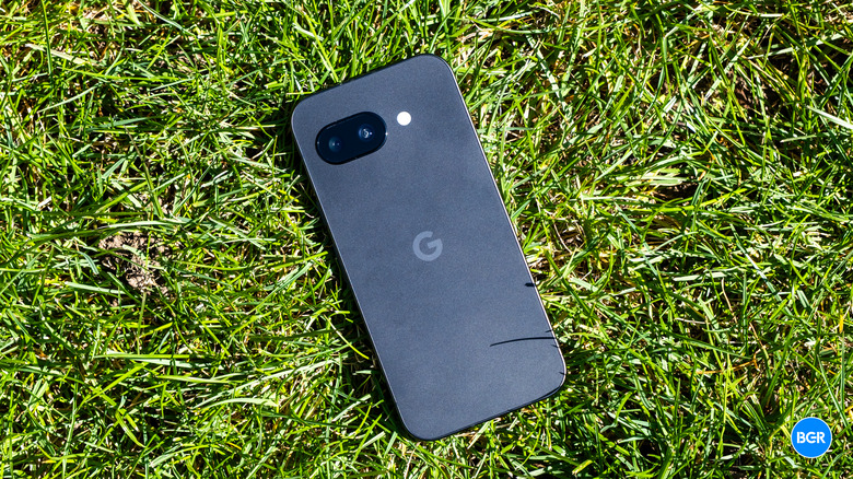Google Pixel 9a back in grass.