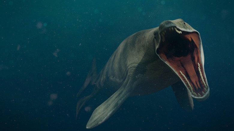mosasaur under the water, roaring
