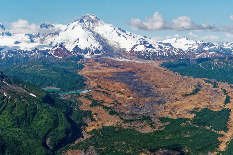 Iliamna Volcano with red glacier at foot