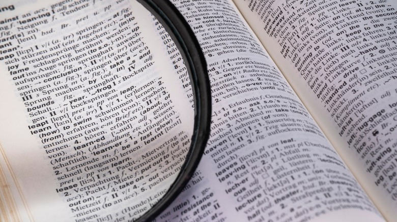 Words in an english to german dictionary.