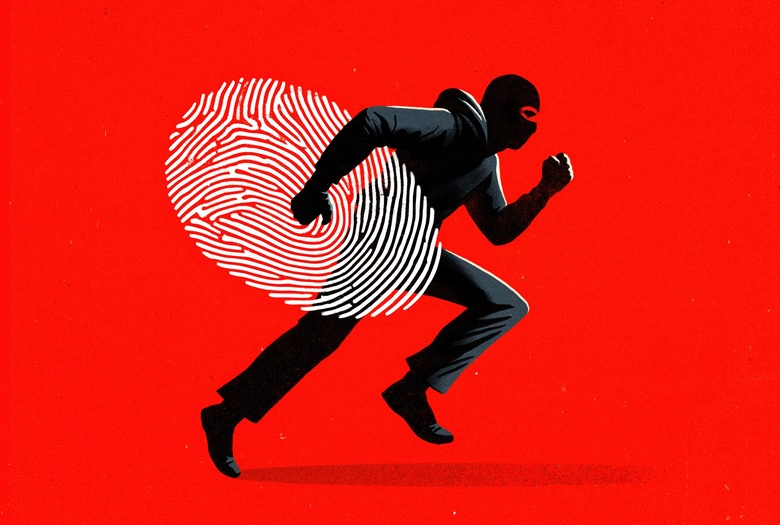 An illustration of a silhouetted thief in motion running while carrying a stolen fingerprint.