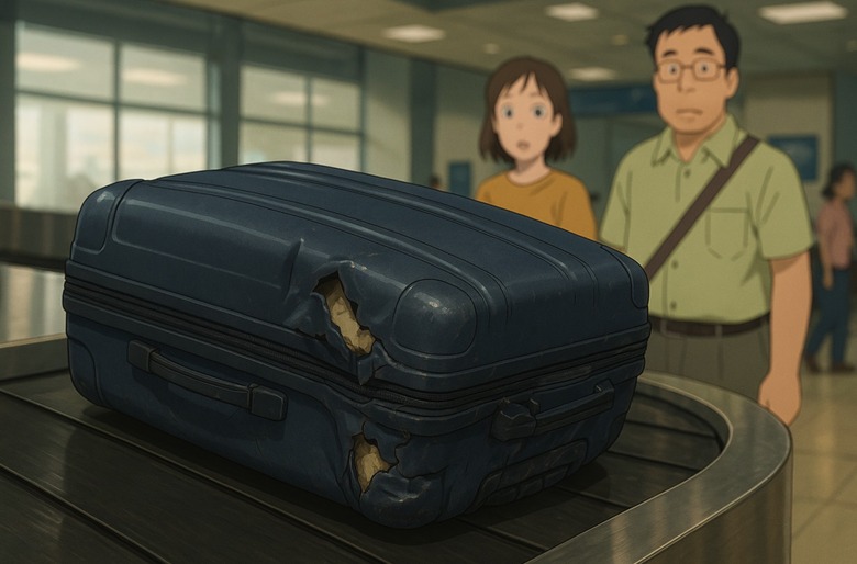 These ChatGPT-generated Studio Ghibli-style characters aren't happy about their damaged checked-in bag.
