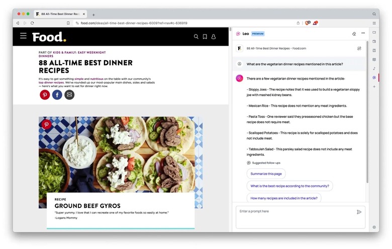 Brave Leo generative AI chatbot running in the sidebar.