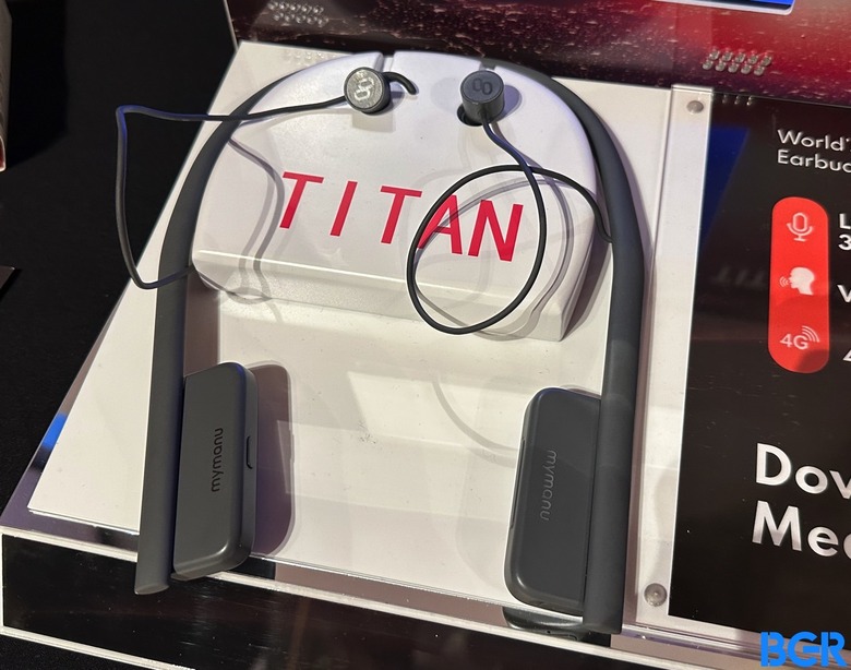 Closeup of the Mymanu Titan wireless earphones.