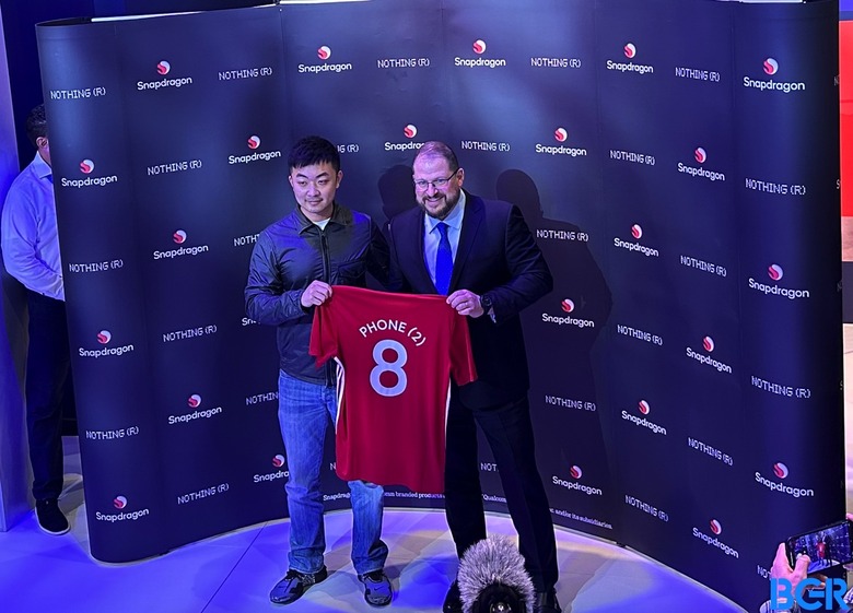 Nothing CEO Carl Pei and Qualcomm CEO Cristiano Amon announce the Snapdragon 8 will power the Nothing Phone (2).