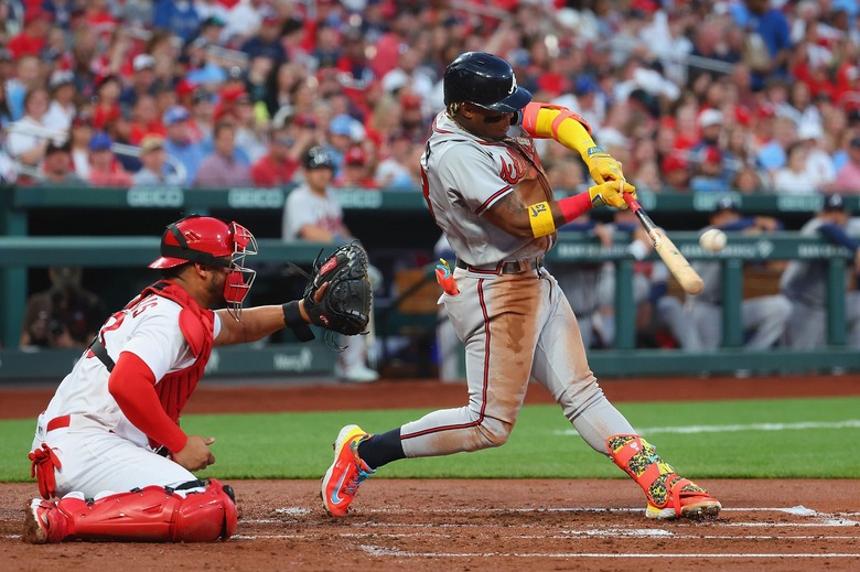 Ronald Acuna Jr. #13 of the Atlanta Braves hits a two-run home run against the St. Louis Cardinals in the second inning at Busch Stadium on April 3, 2023 in St Louis, Missouri.
