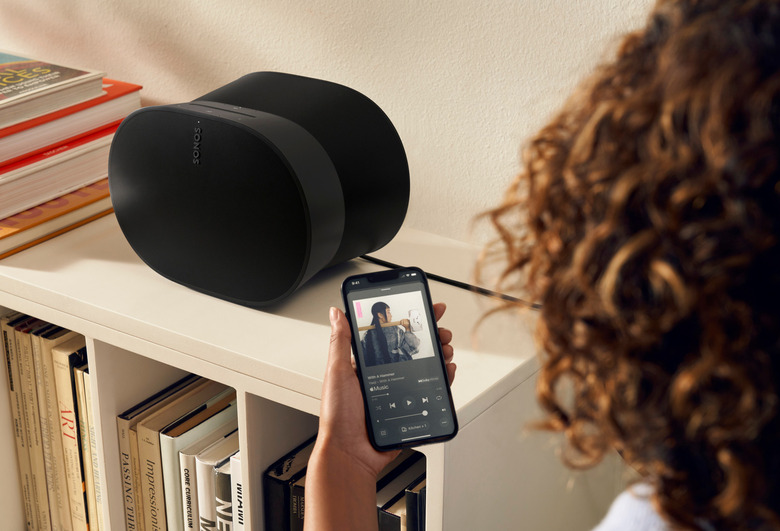 Sonos's new app redesign next to an Era 300