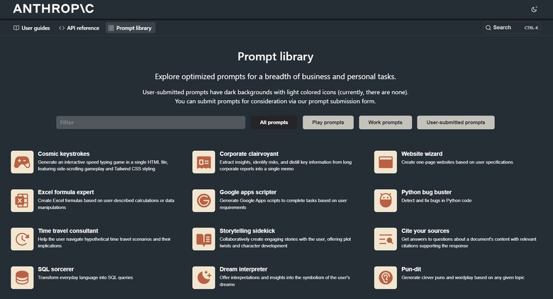 Anthropic's prompt library for generative AI chatbots.