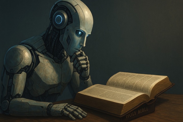 An AI robot studying a Bible (Image generated with ChatGPT 4o).